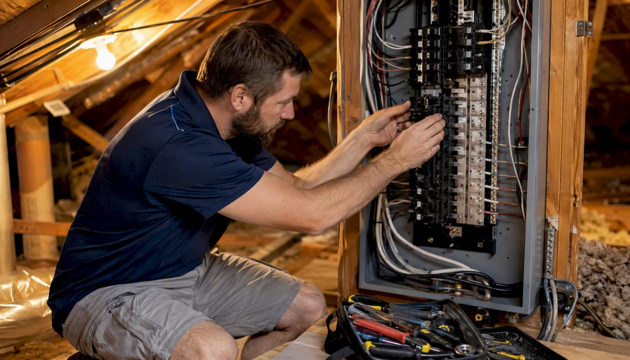 Inspector installing AFCI breaker in panel