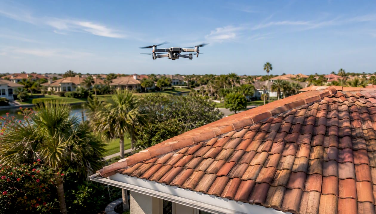 Drone inspecting roof of Gulf Coast home