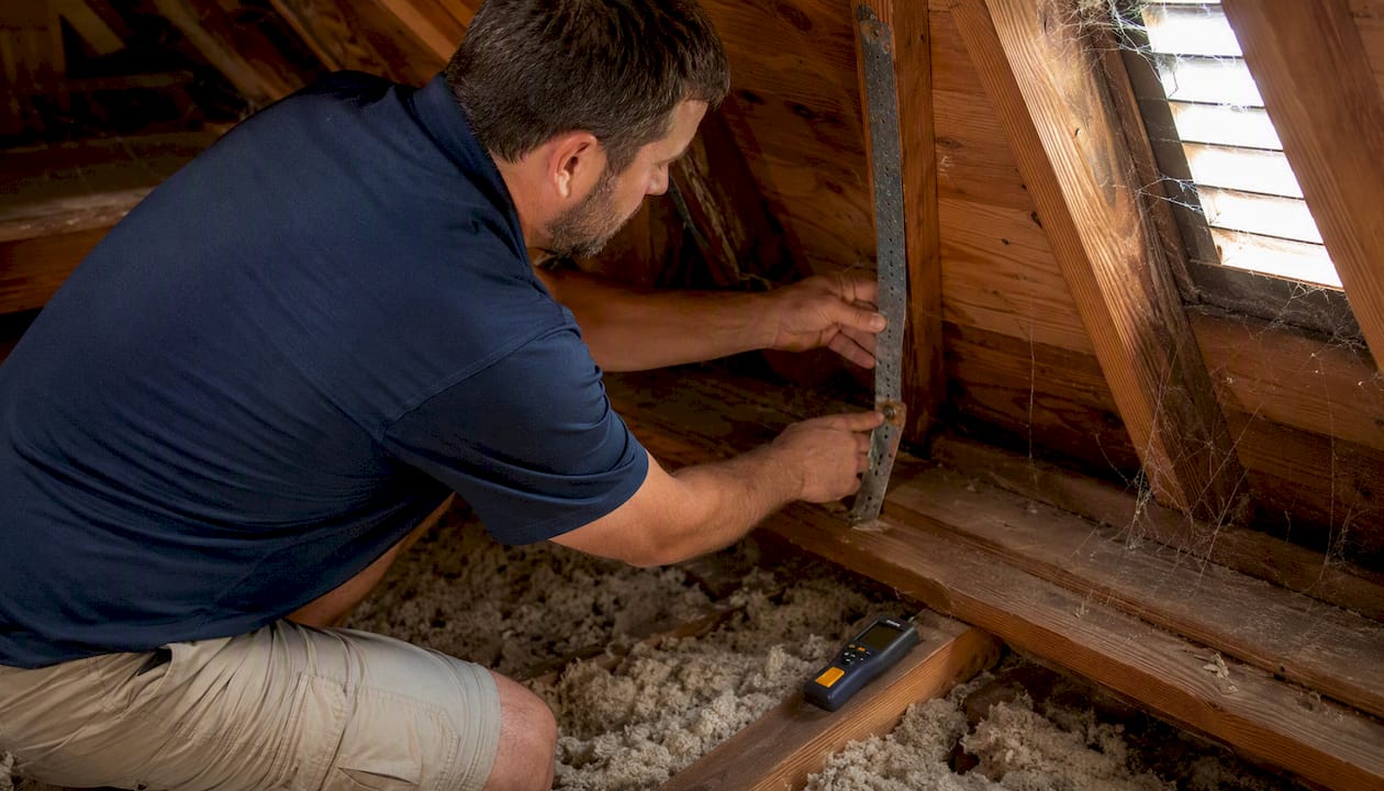 Inspector inspecting metal roof-to-wall connection in attic