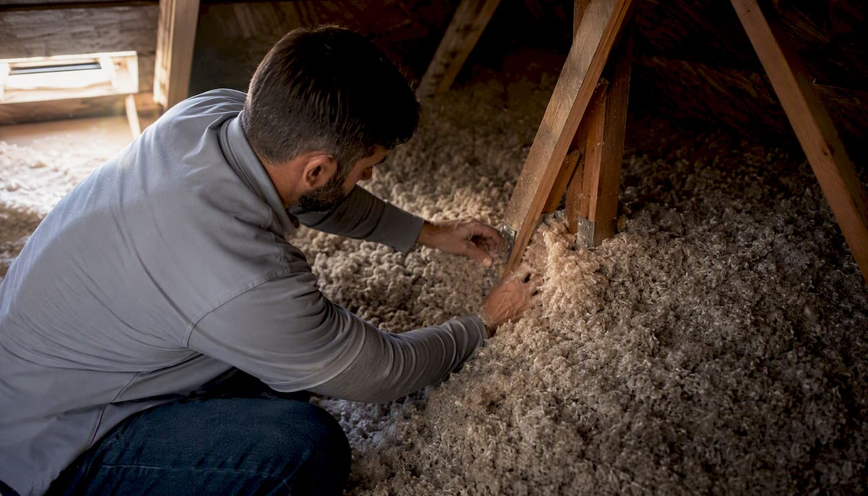 Inspector probing roof-to-wall connection under insulation