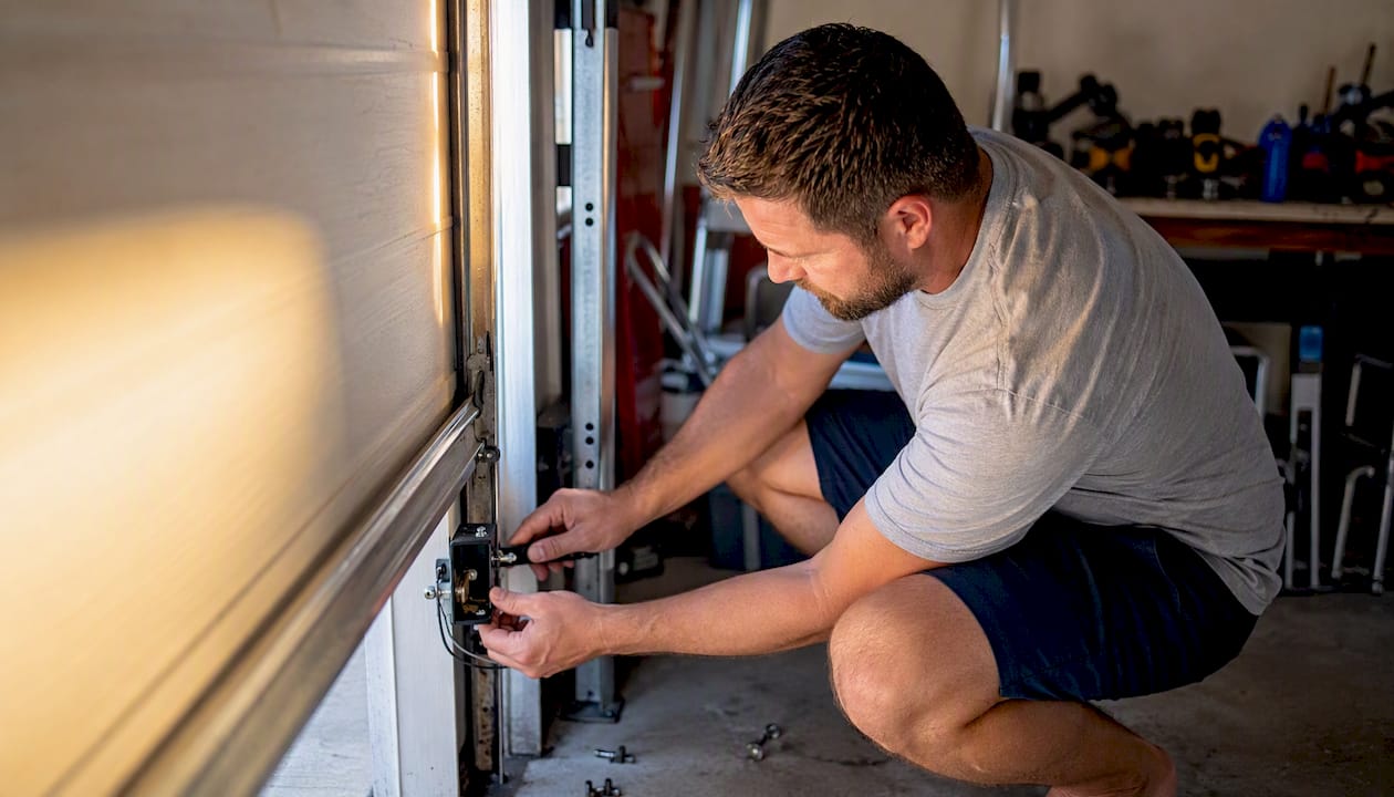 Inspector lubricating garage door rollers
