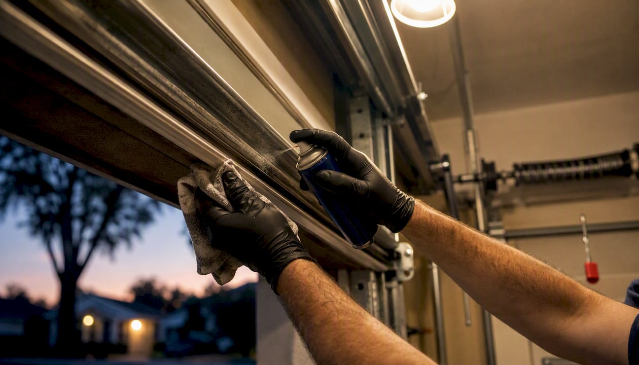Hands wiping excess lubricant on garage door track