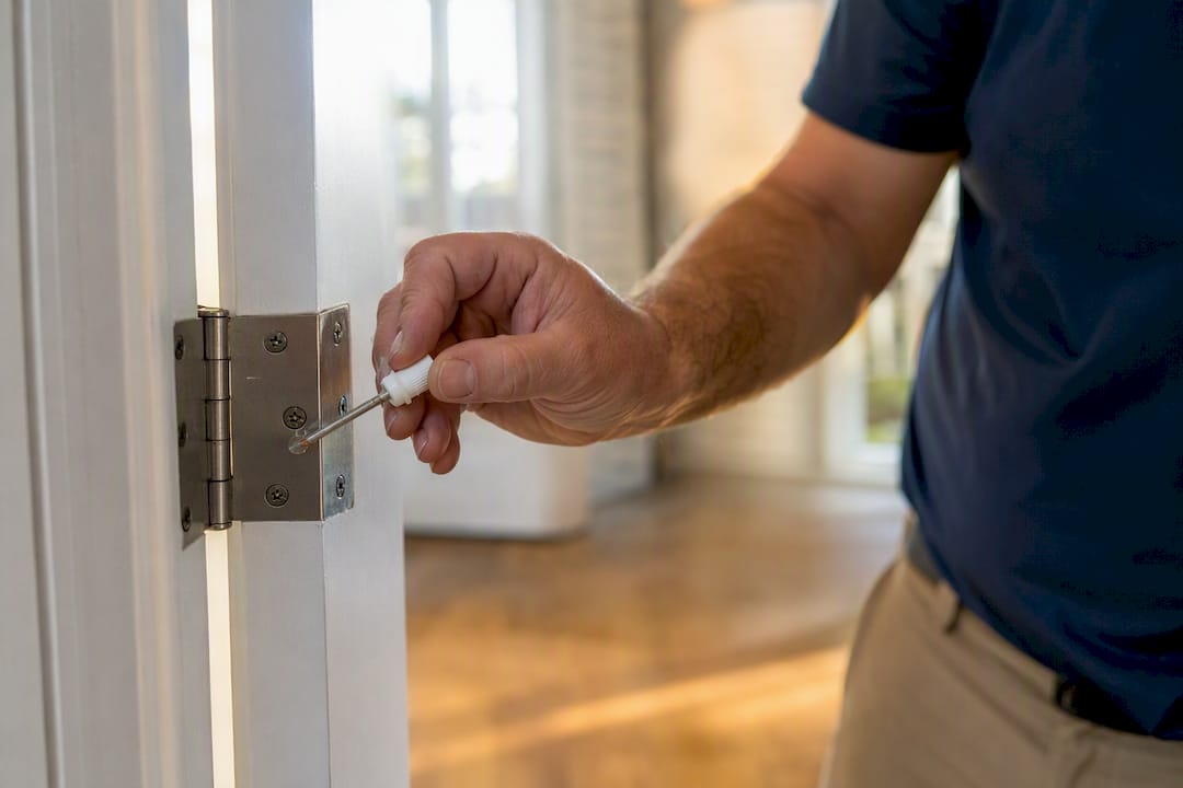 Applying lubricant to door hinge adjustment point