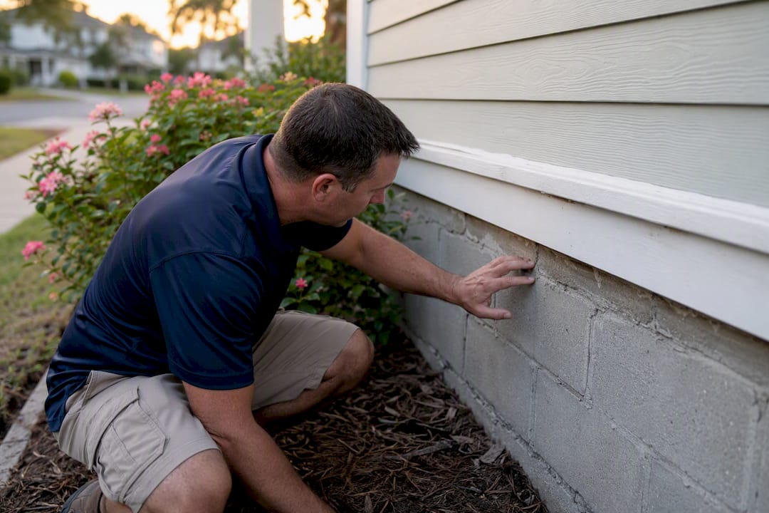 Home inspector checking exterior siding