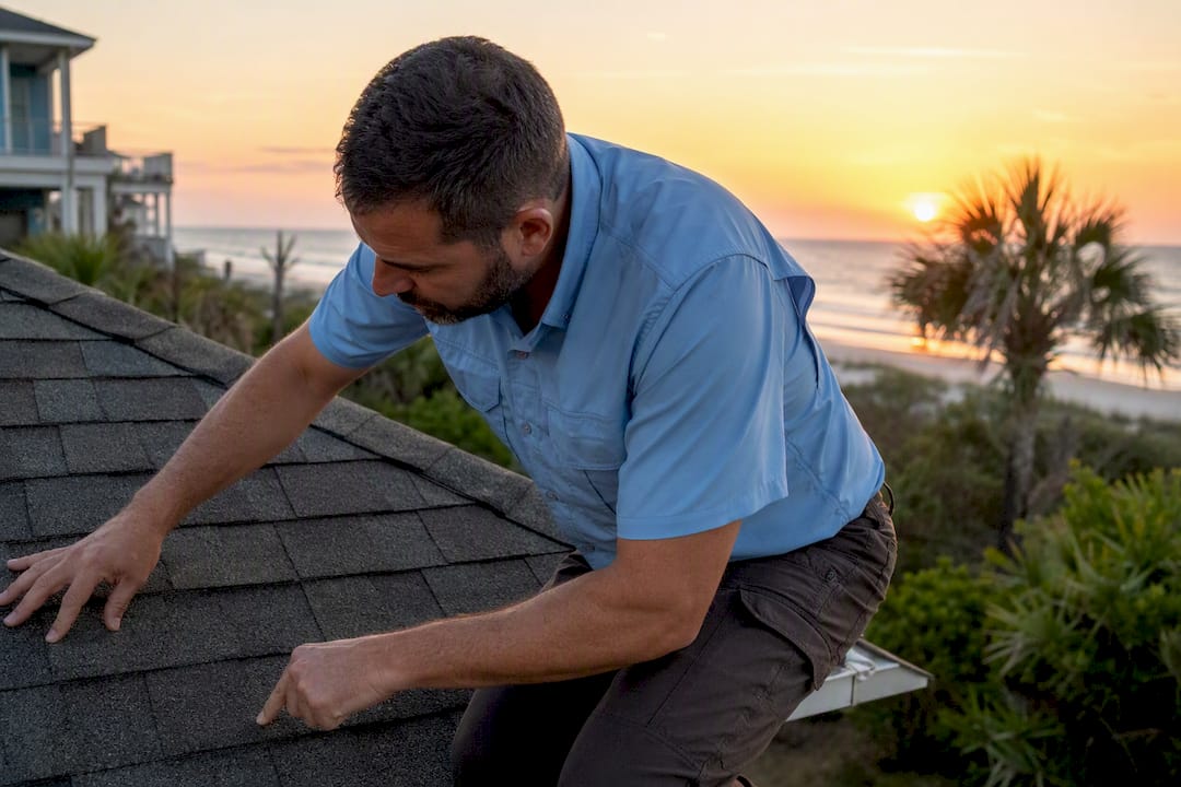 Home inspector examining Gulf Coast house siding