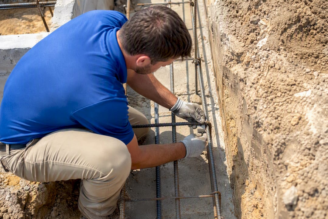 Inspector measuring rebar cover in foundation footing