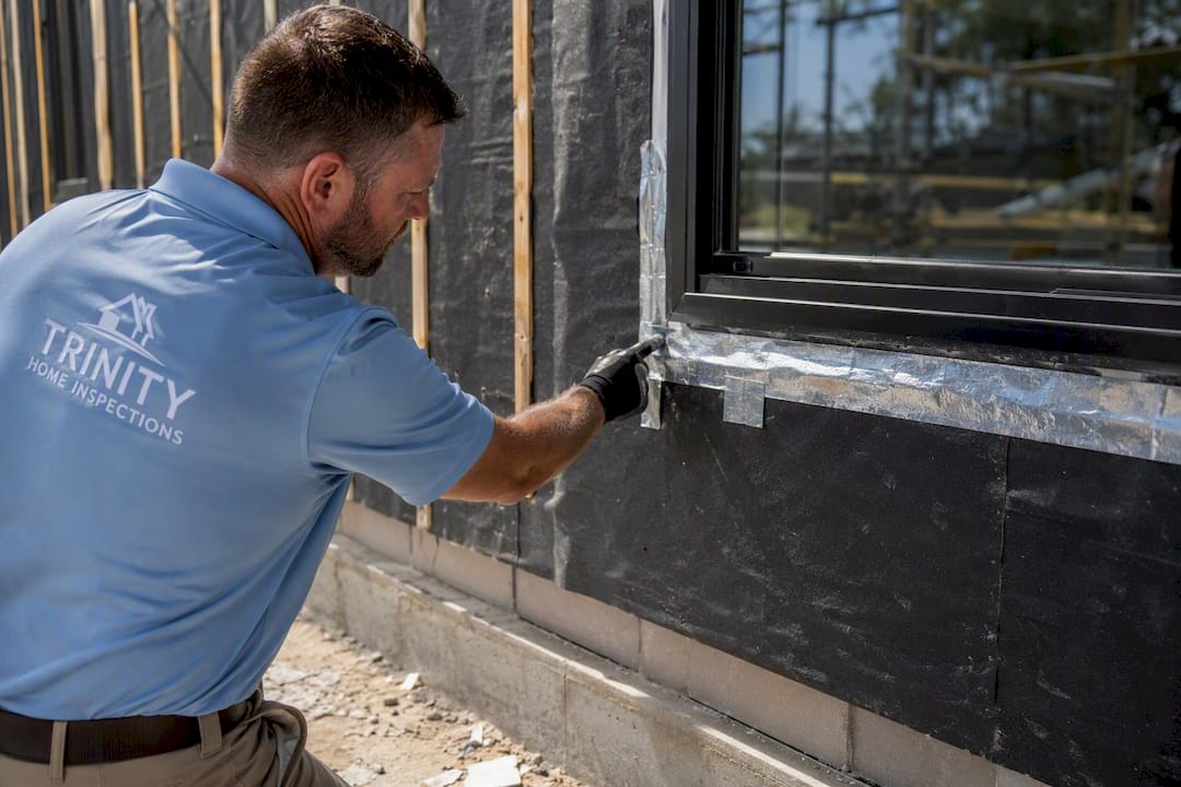 Inspector checking window flashing installation