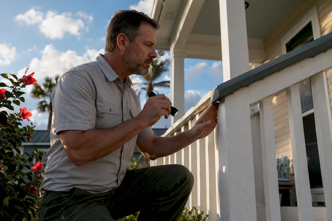 Home inspector examining Gulf Coast home exterior