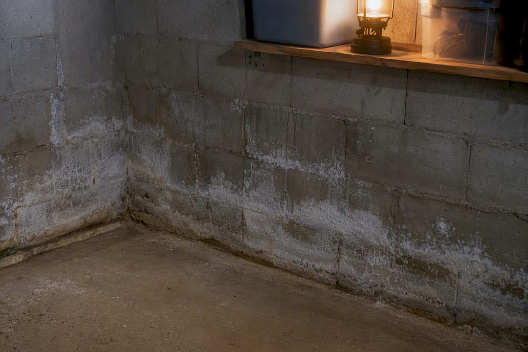 Water damage and efflorescence on basement wall