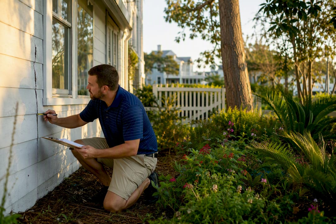 Home inspector checking house foundation cracks
