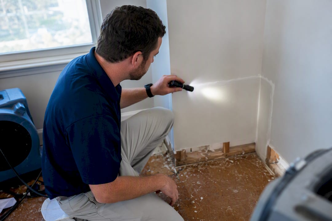 Inspector examining mold remediation in home corner