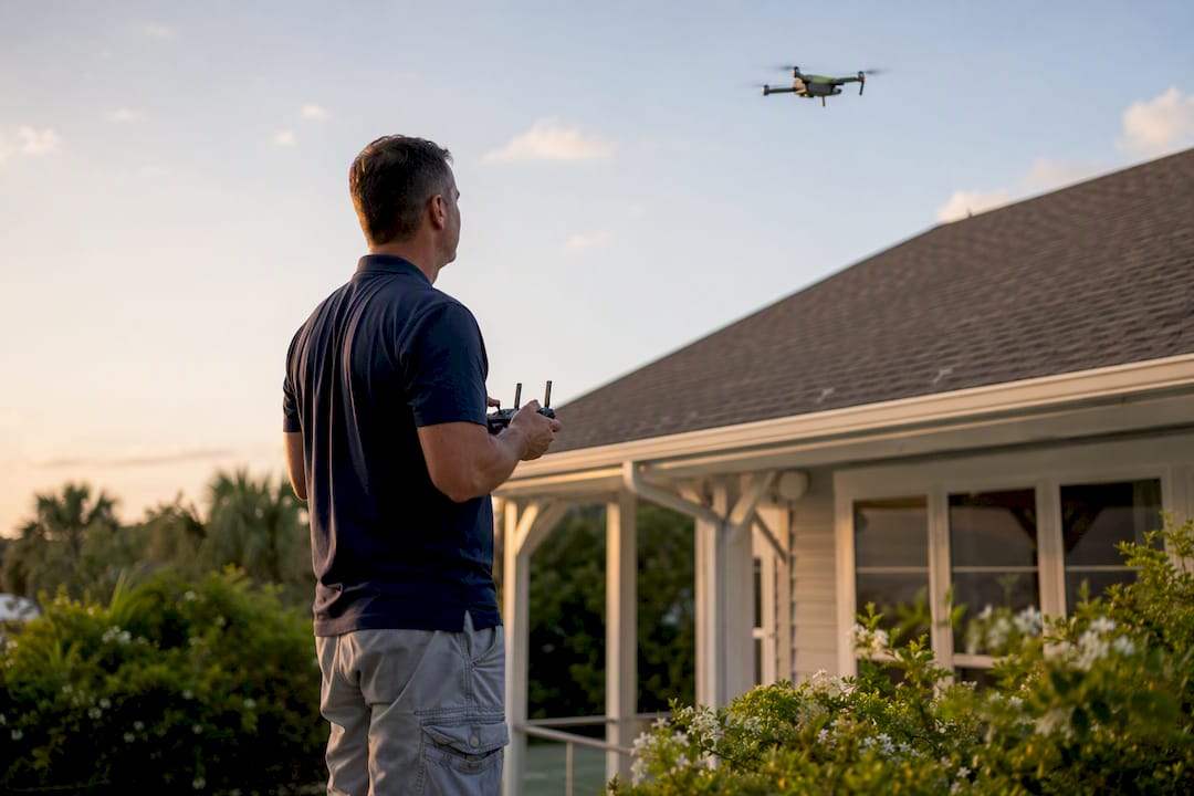 Inspector controlling drone for roof inspection
