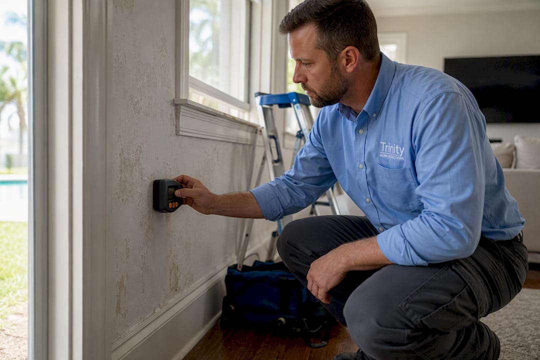 Home inspector testing moisture in wall