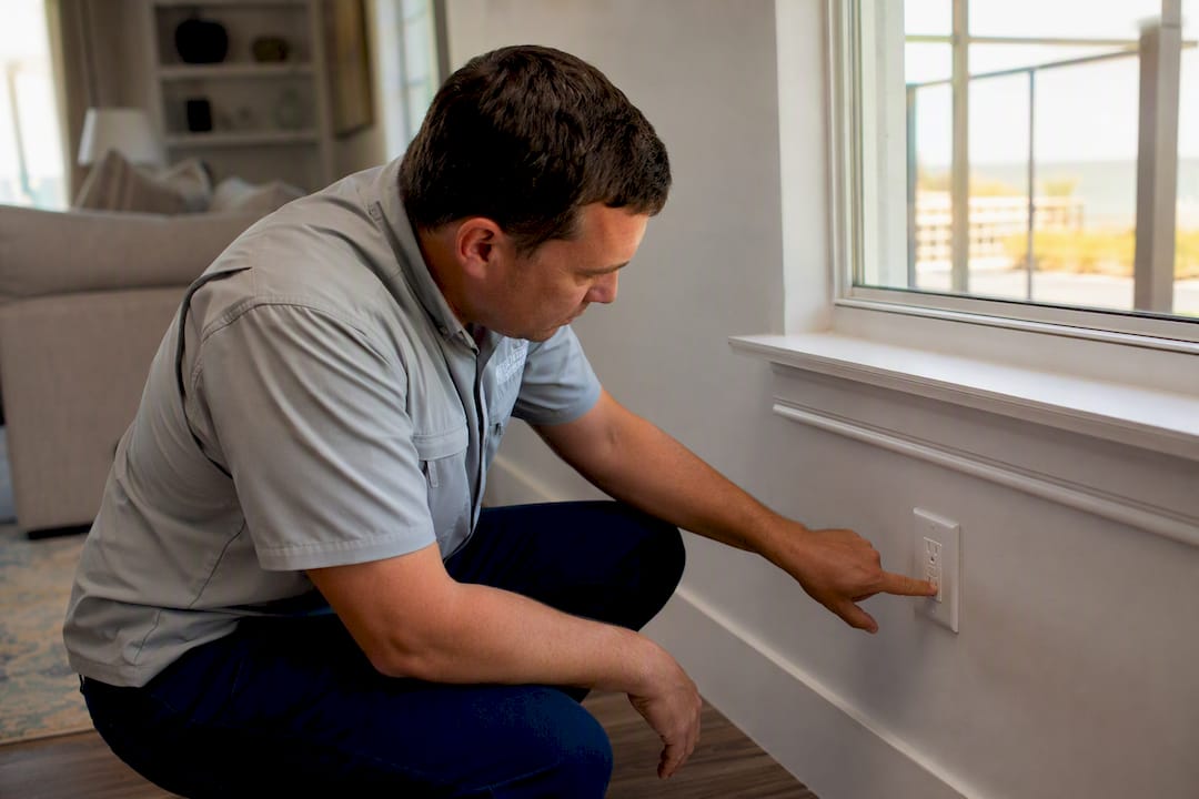 Inspector testing GFCI outlet in Gulf Coast kitchen