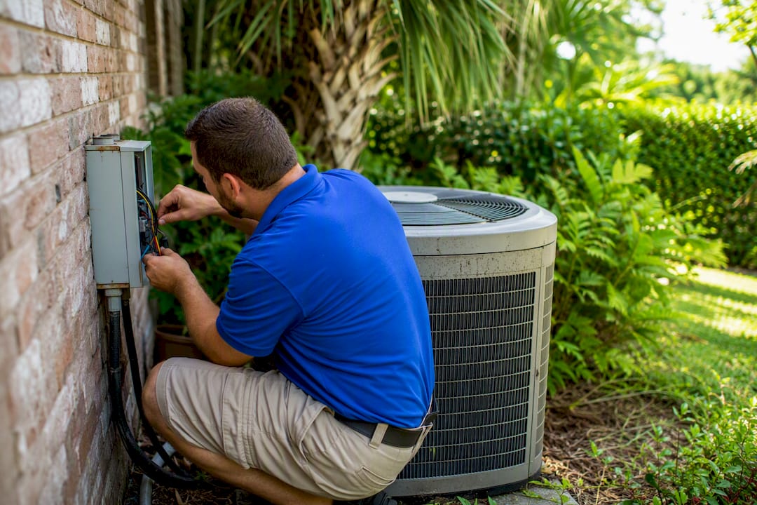 Inspector checking HVAC disconnect box wiring outdoors