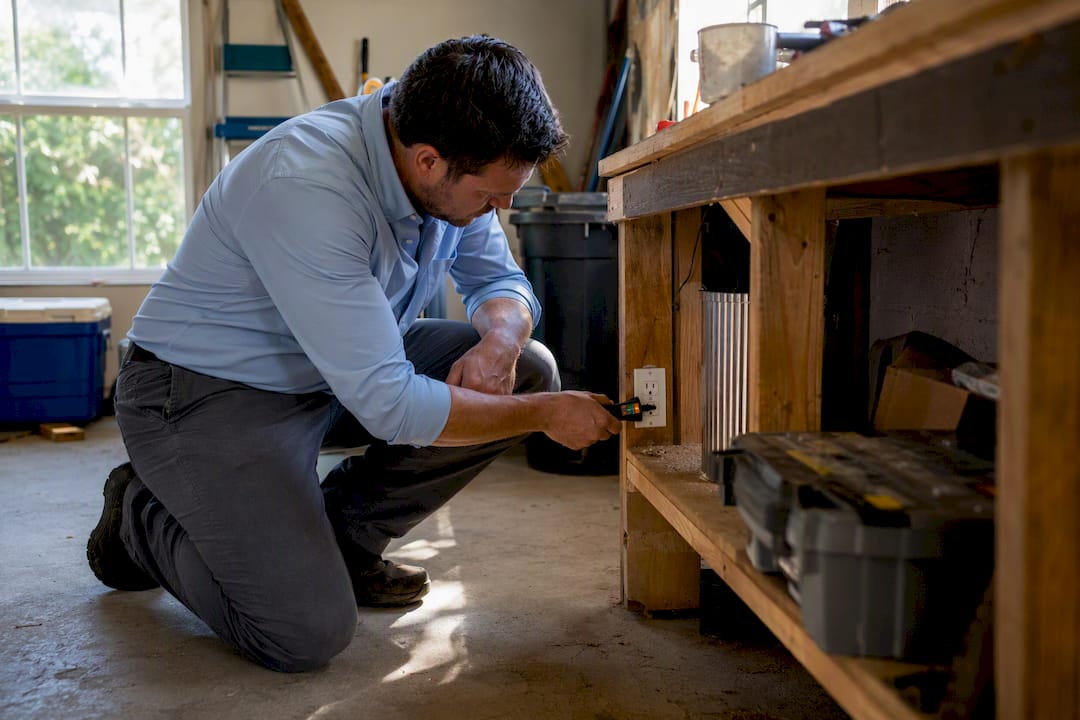 Inspector testing outlet in Gulf Coast garage