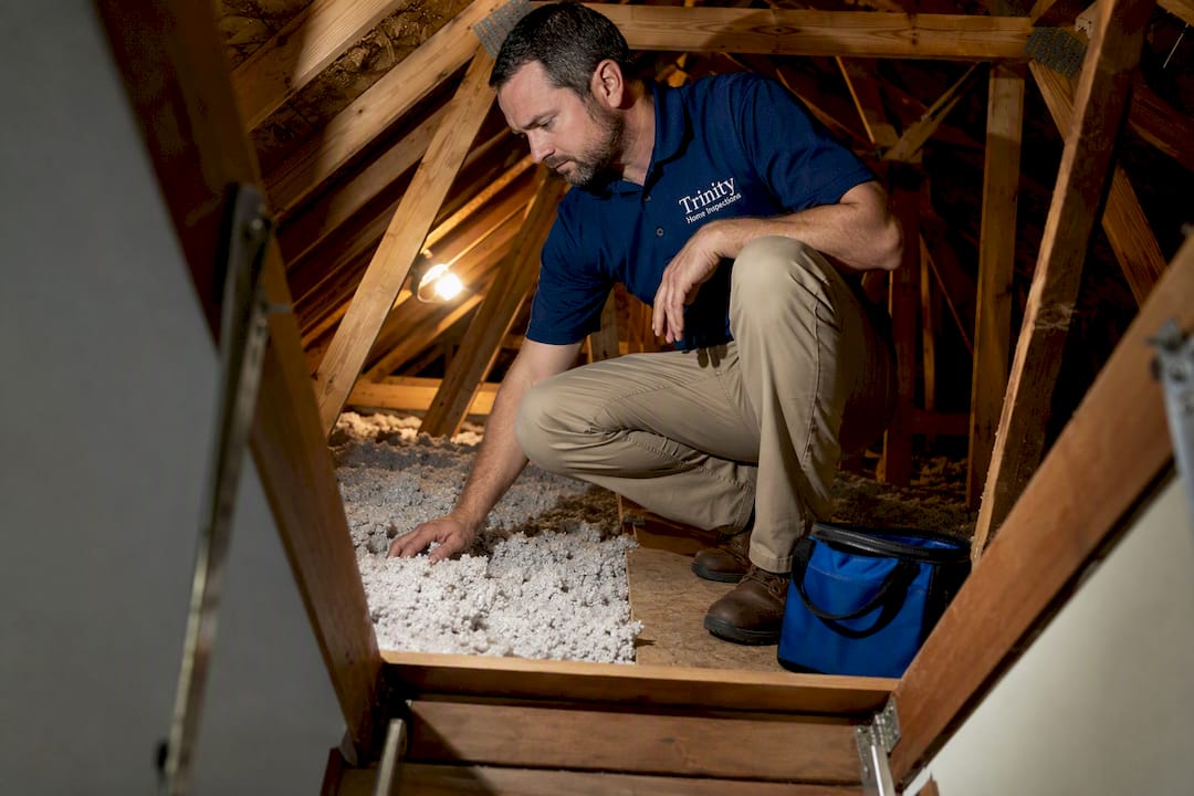 Inspector examining Texas home attic structure