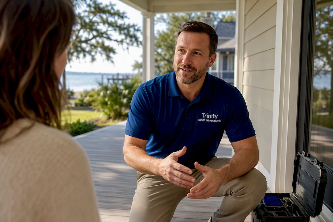 Home inspector speaking with prospective buyer