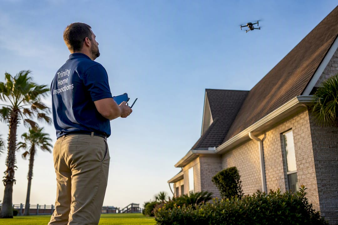 Inspector launching drone beside Gulf Coast home