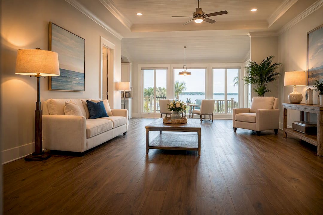 Staged Gulf Coast living room with clear paths