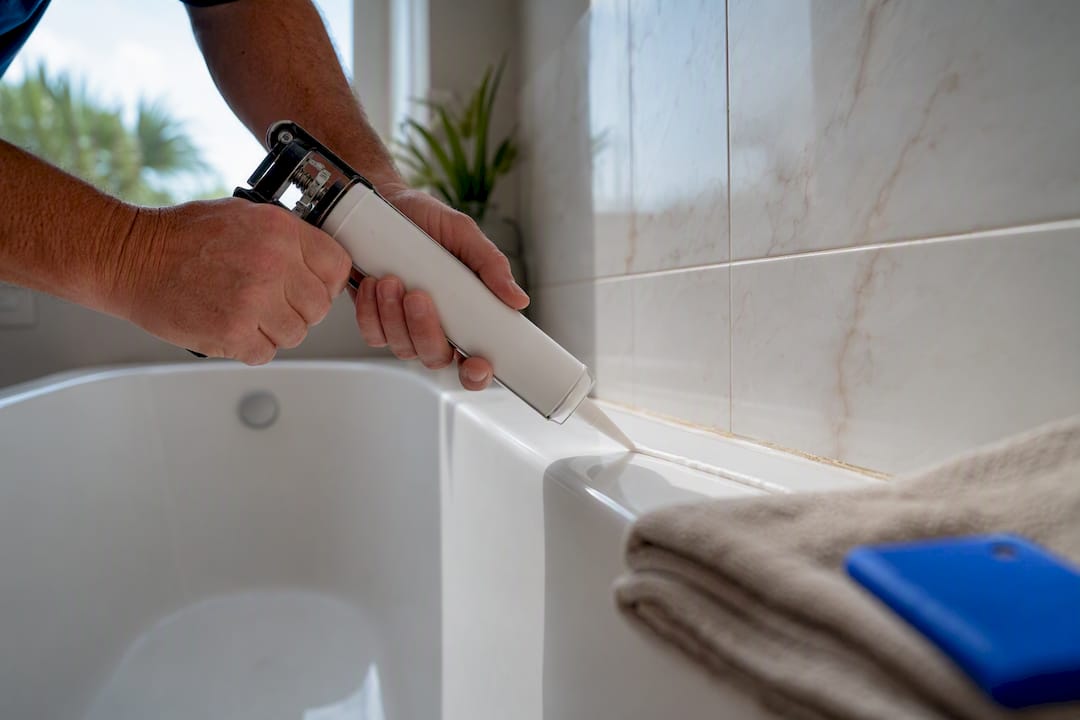 Fresh caulk applied around bathtub edge