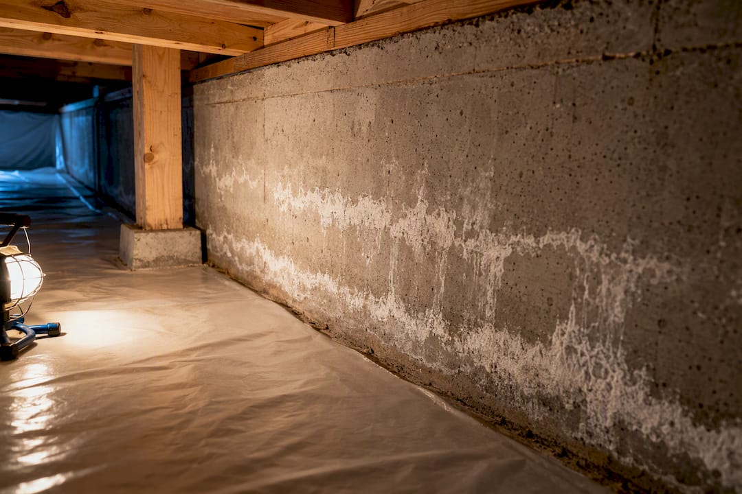 Efflorescence visible on crawlspace foundation wall