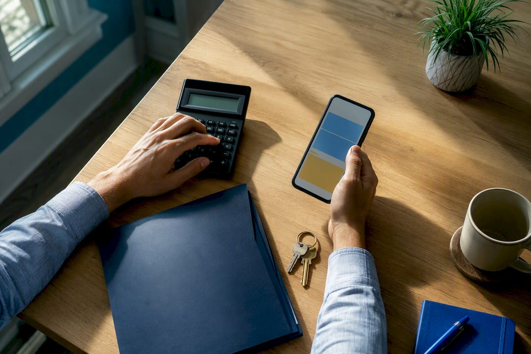 Homebuyer organizing budget planning materials