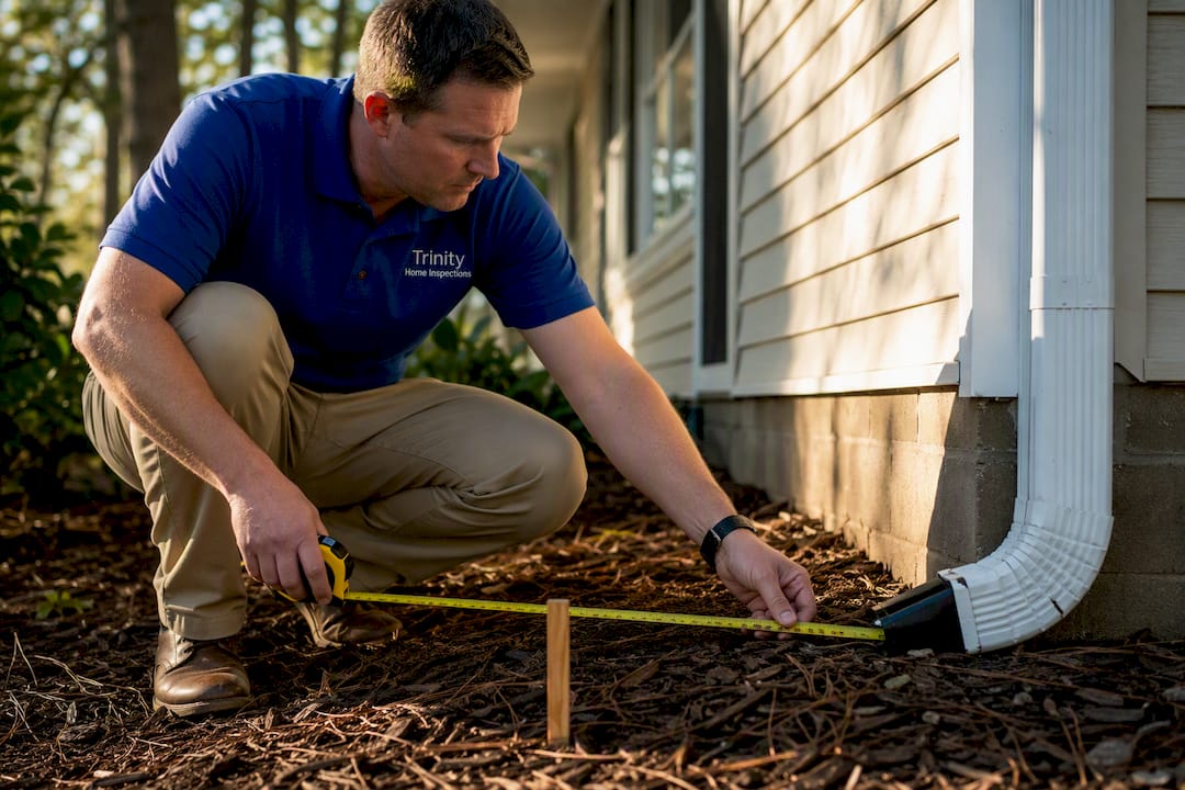 Inspector measuring downspout discharge distance