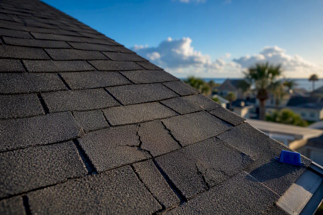 Cracked shingles on Alabama coastal roof