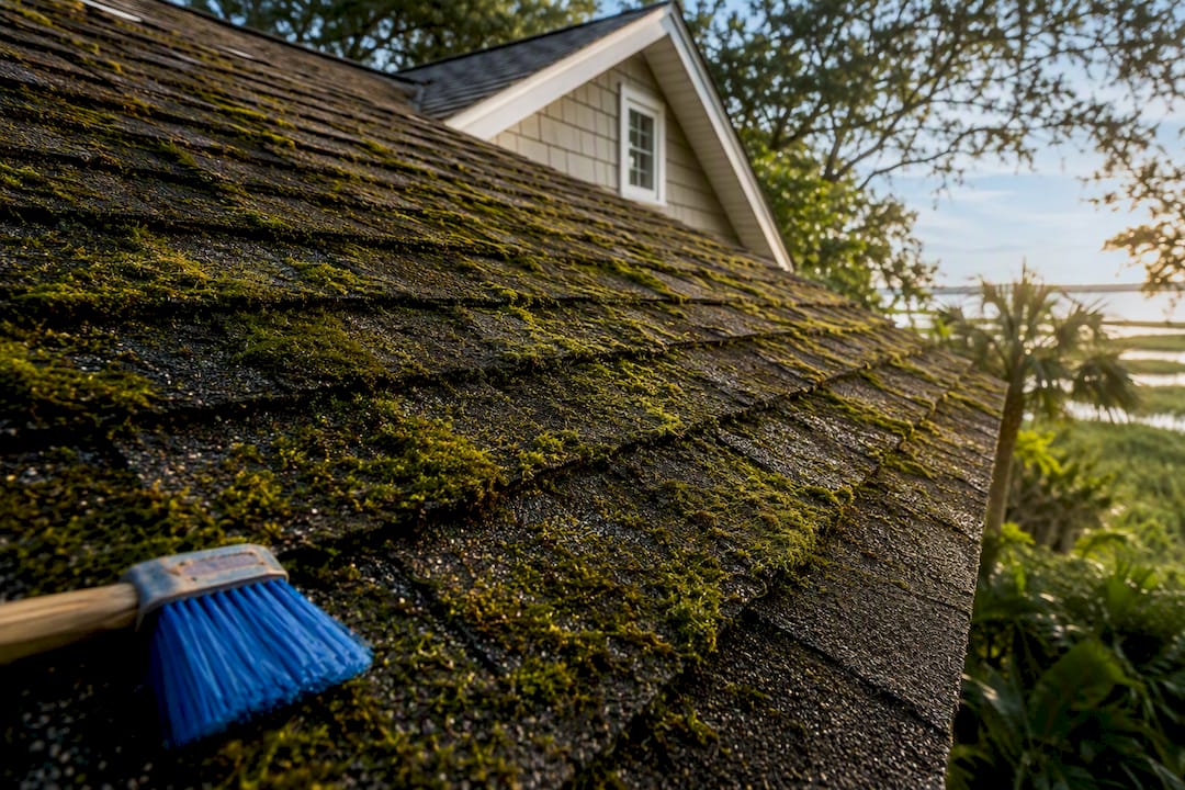 Moss growing across Gulf Coast asphalt shingles
