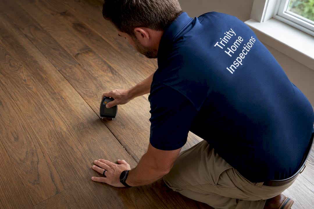 Inspector checking hardwood floor moisture
