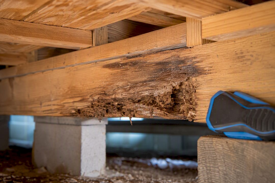 Localized decay in crawlspace floor framing