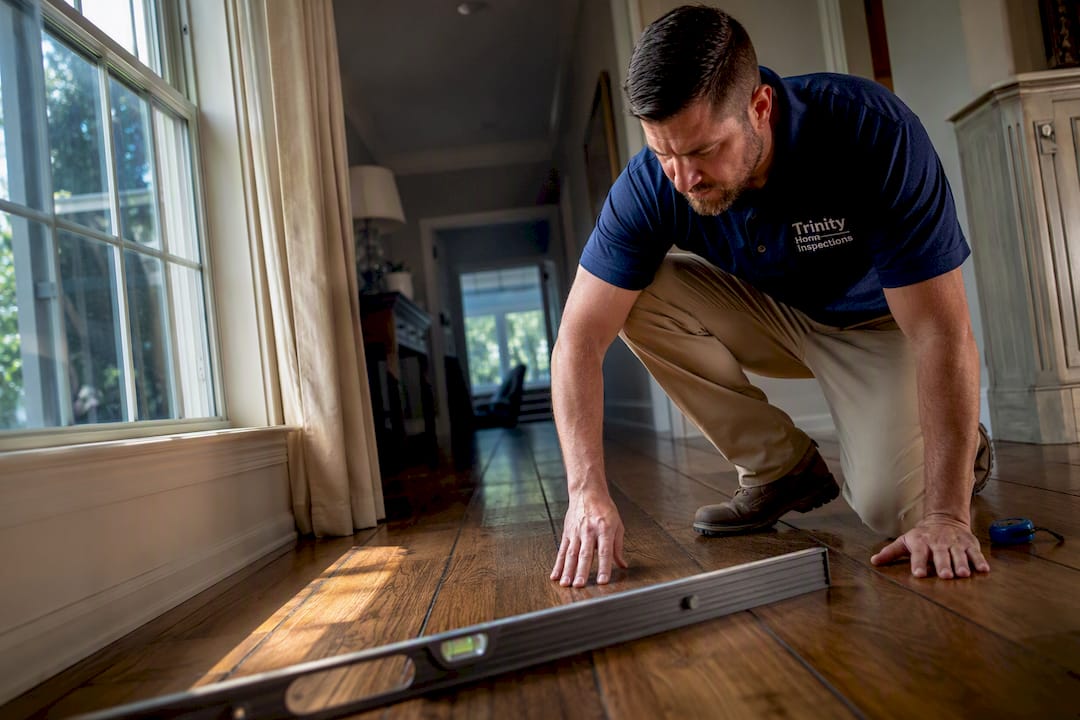 Inspector checking a sloping hardwood floor