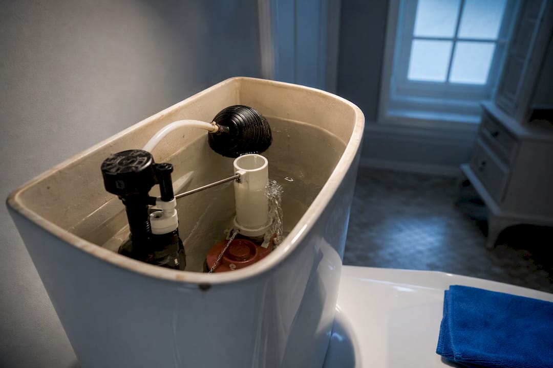 Open toilet tank showing running water