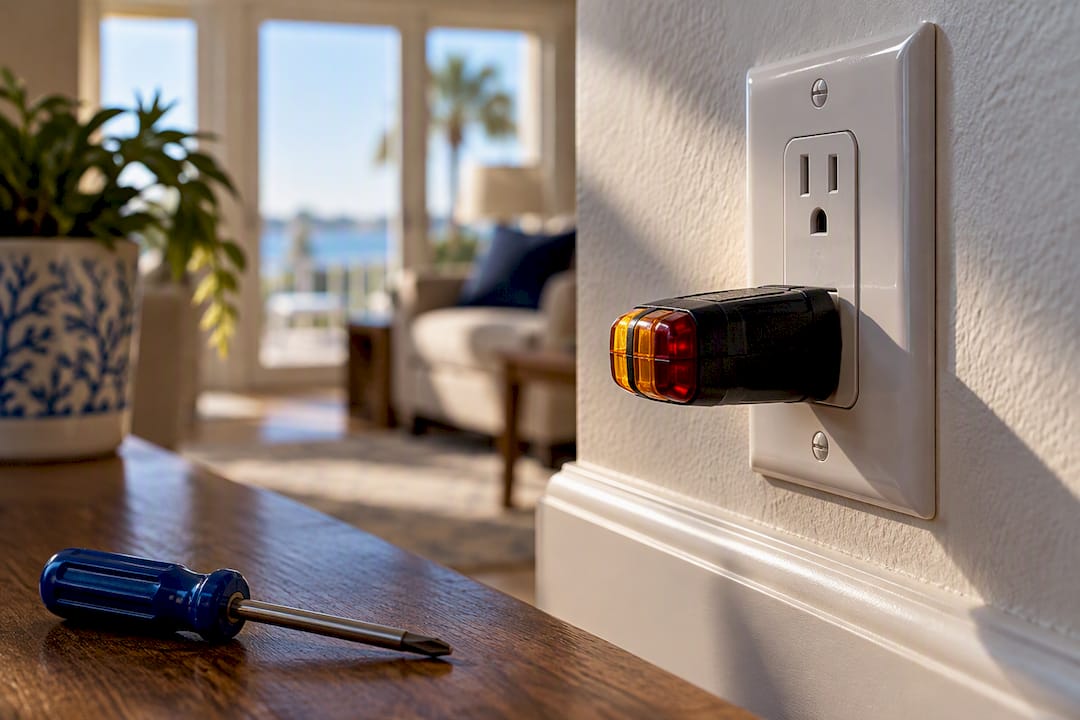 Receptacle tester checking a wall outlet