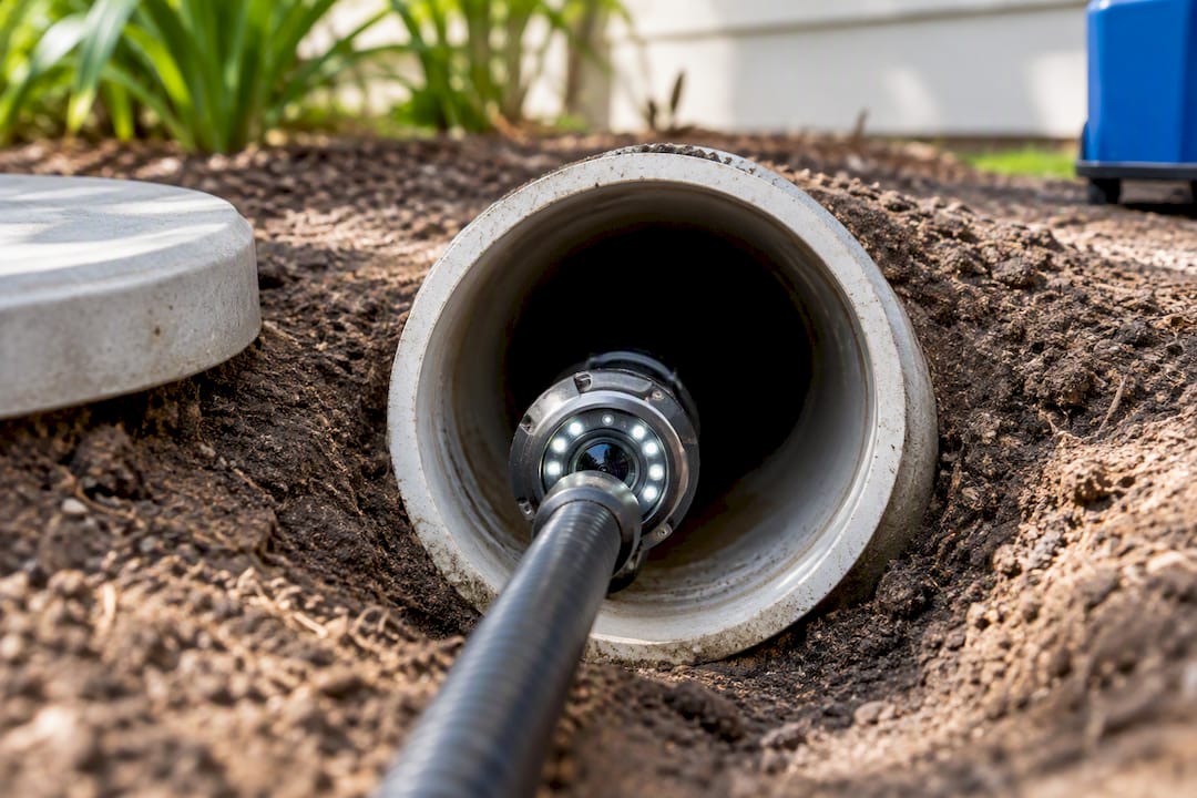Camera head entering a sewer lateral