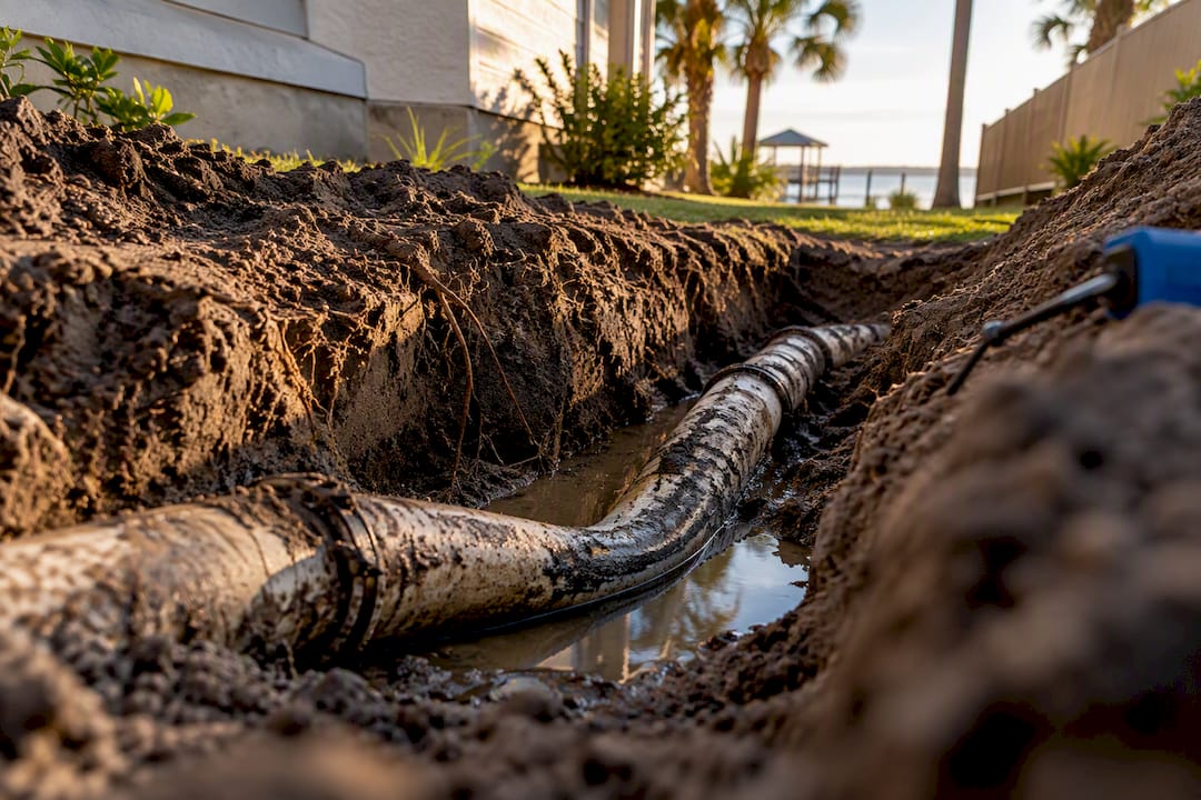 Sagging sewer pipe holding standing water