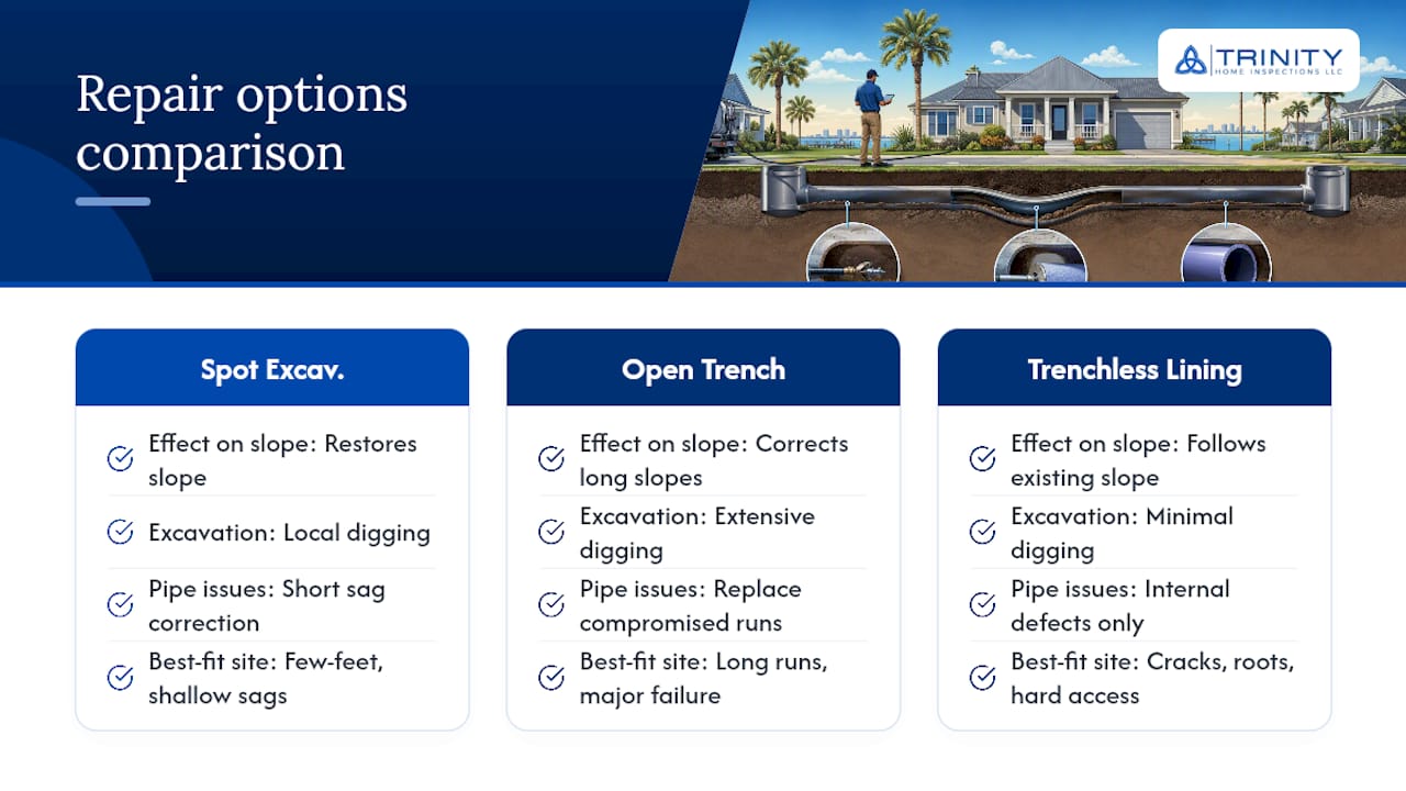 Three repair options for a sewer belly
