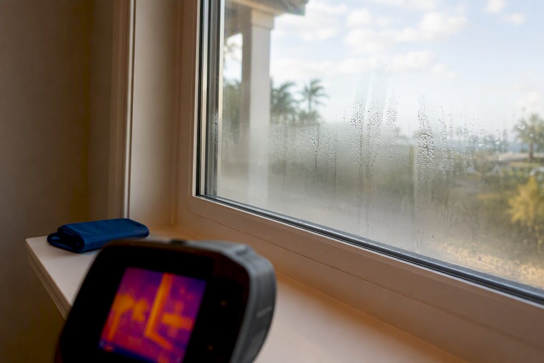 Fogged double-pane window under thermal imaging