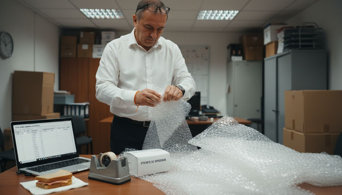 Un manager analizează mai multe variante de folie cu bule direct în birou, încercând să aleagă cea mai potrivită pentru nevoile firmei.