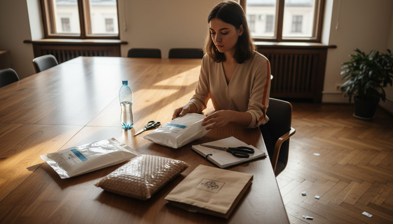 Prezentare și comparație a diferitelor tipuri de pungi de curierat, expuse pe masa de lucru