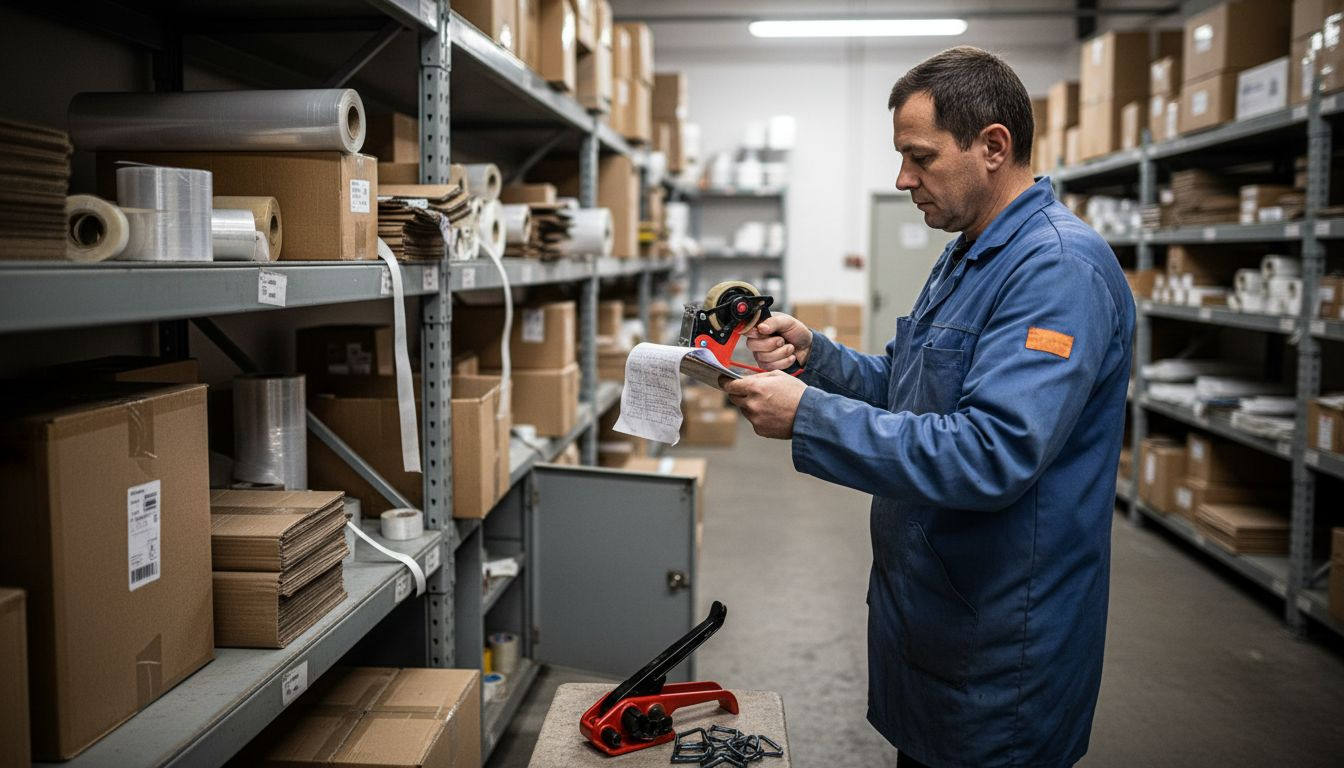 Angajat din depozit care verifică rafturile cu materiale de ambalare