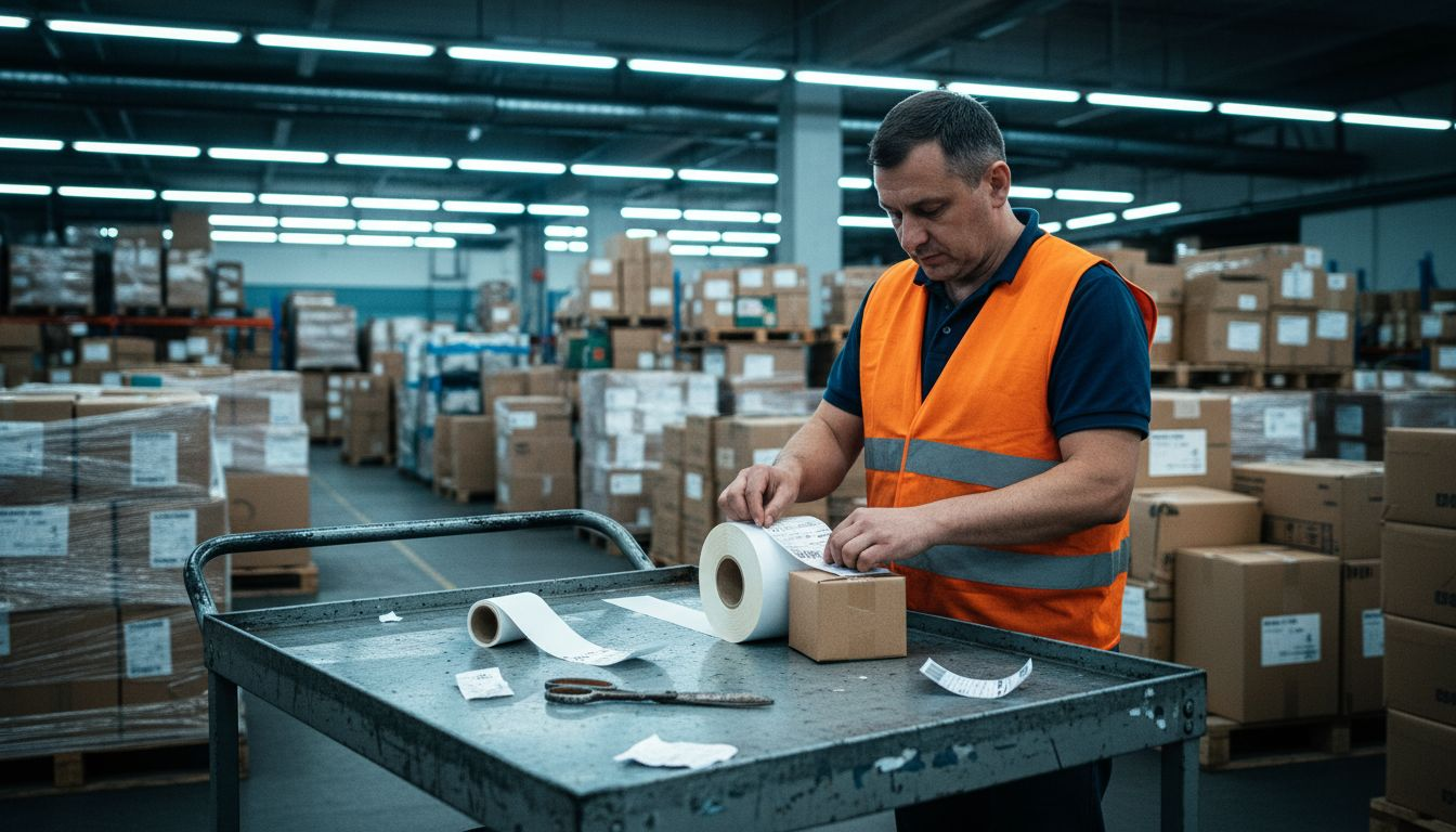 Un angajat aplică etichete termice pe colete, asigurându-se că sunt pregătite pentru livrare.