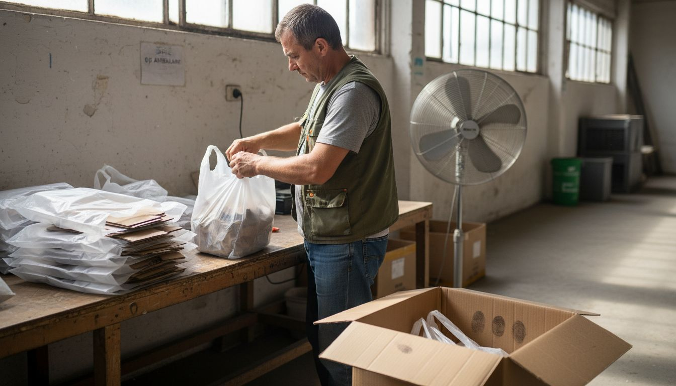 Un angajat montează ambalaje biodegradabile din PLA, pregătindu-le pentru utilizare.
