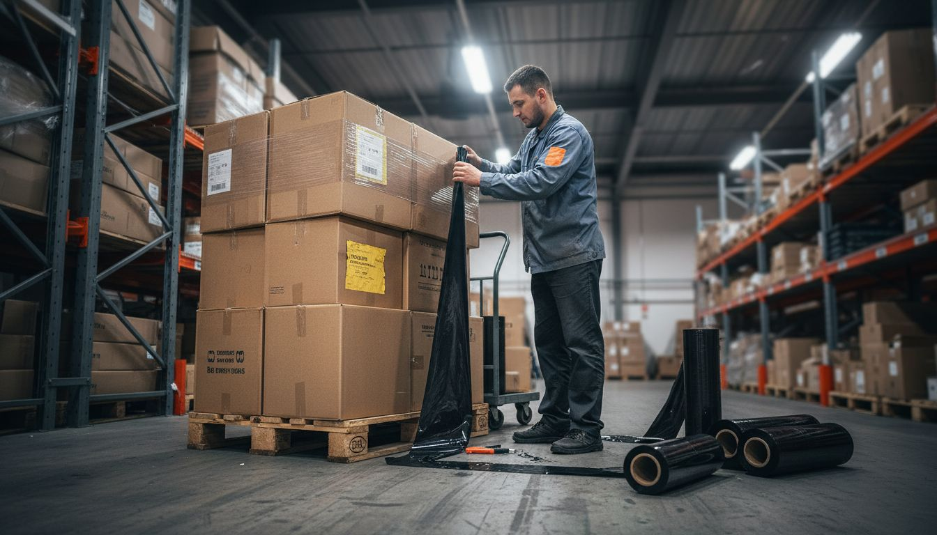 Palet ambalat în folie stretch de culoare neagră