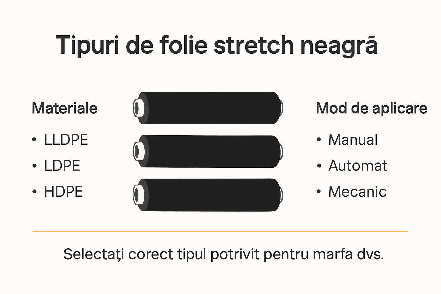 Infografic: tipuri de folie stretch neagră și principalele domenii de utilizare