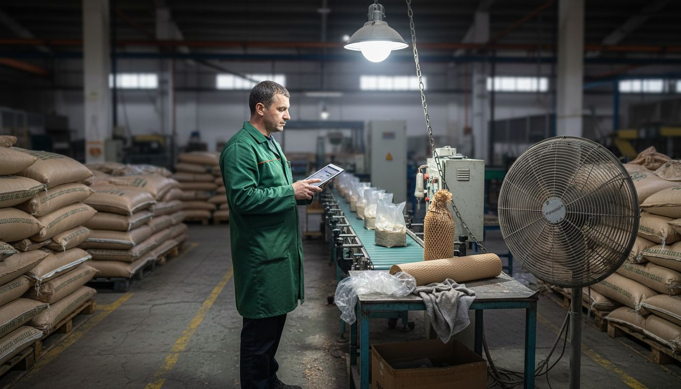 Un angajat monitorizează procesul de fabricare a ambalajelor ecologice.