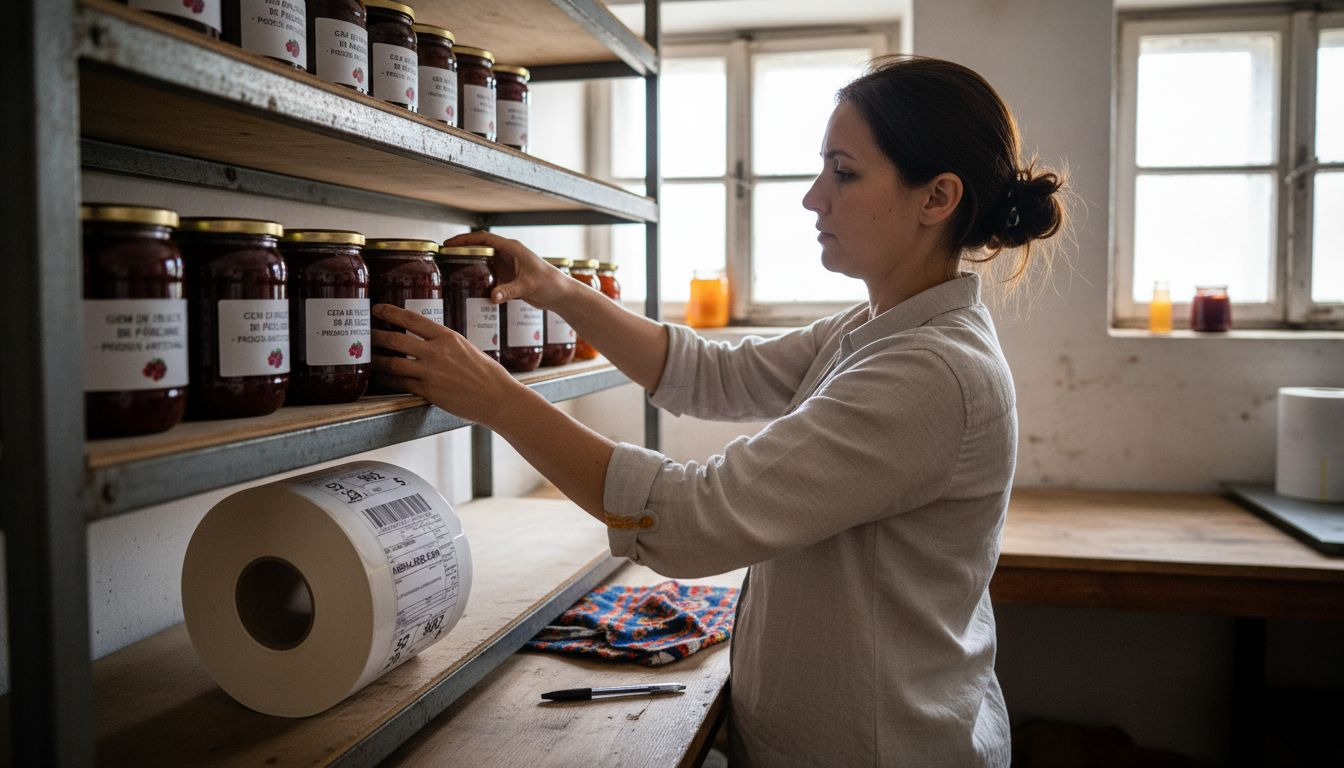 Borcane cu etichete scrise de mână, aranjate pe raft, gata pentru clienți