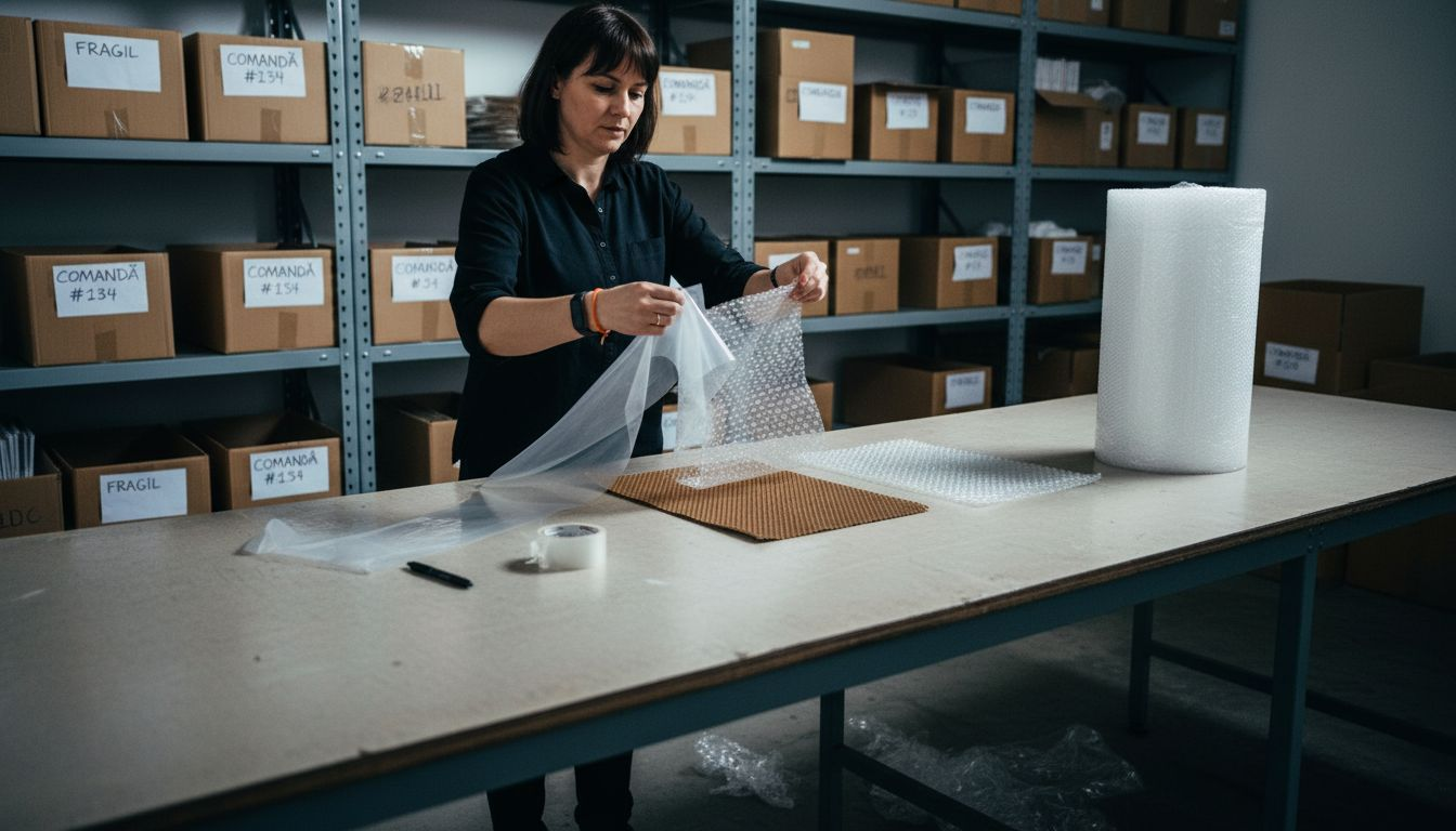 O femeie analizează și compară diferite tipuri de folie pentru ambalare, încercând să găsească cea mai bună variantă pentru nevoile ei.