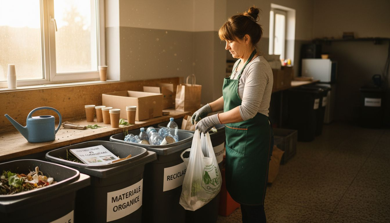 Un angajat sortează ambalajele compostabile pentru a le trimite la reciclare.